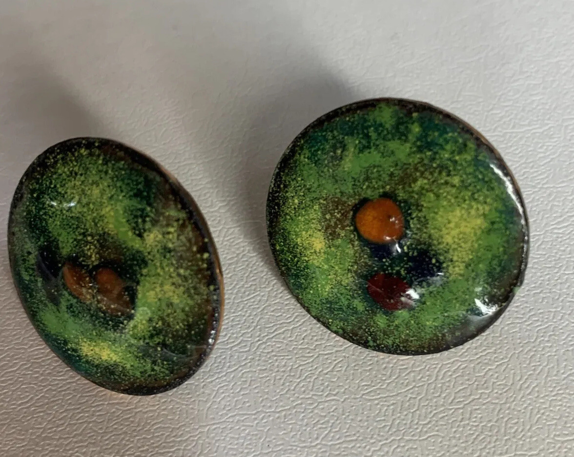 Vtg Estate MCM Earrings Enamel on Copper Screw On Round Discs Earthtones