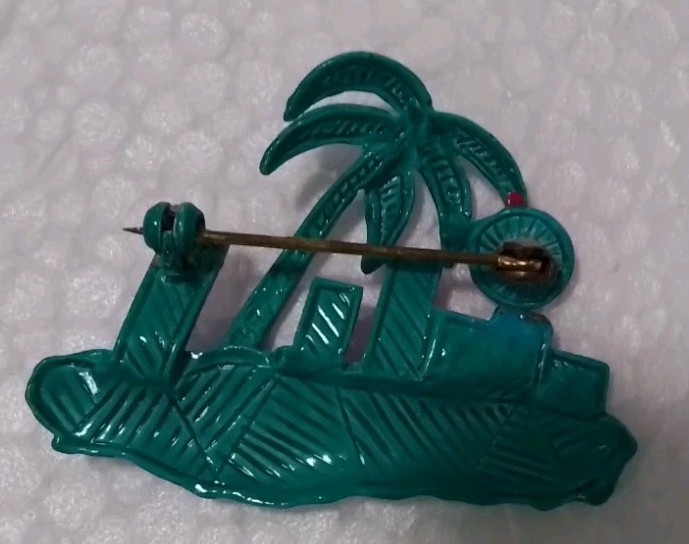 1978 RARE Vintage Guilloche Enamel Tropical Pin Palm Tree “Moon over Miami”
