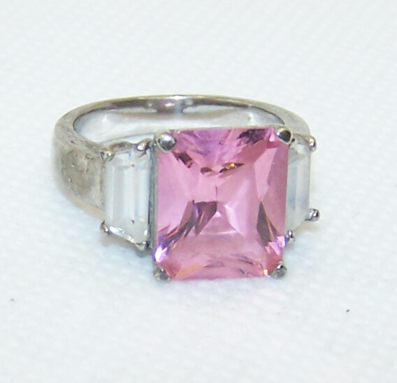 Amazing Pink Stone Ring Clear Baguette on Sides Sterling Silver 925 Marked Sz 7