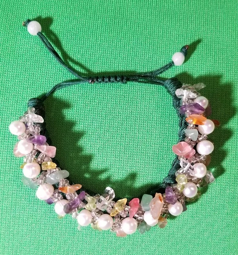 Unique rock shaped beads sewn slider adj bracelet