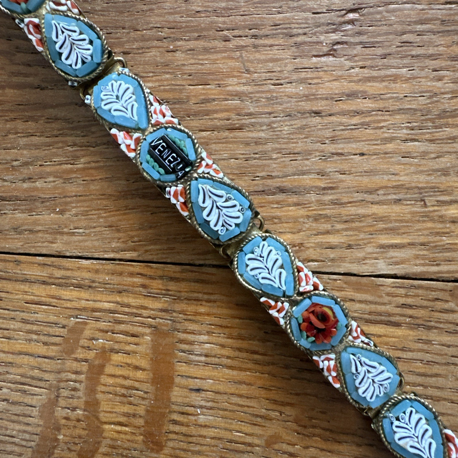 Vintage MCM Souvenir Venice Micro Mosaic Brass Bracelet Red Roses Flowers 7.5