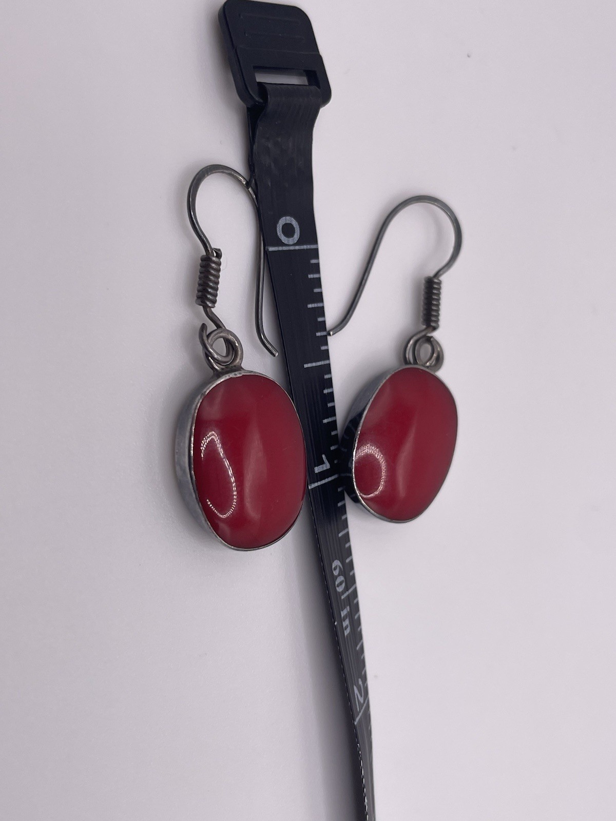 Vintage MEX 925 Sterling Silver Red Cabochon Dangle Earrings Mexico