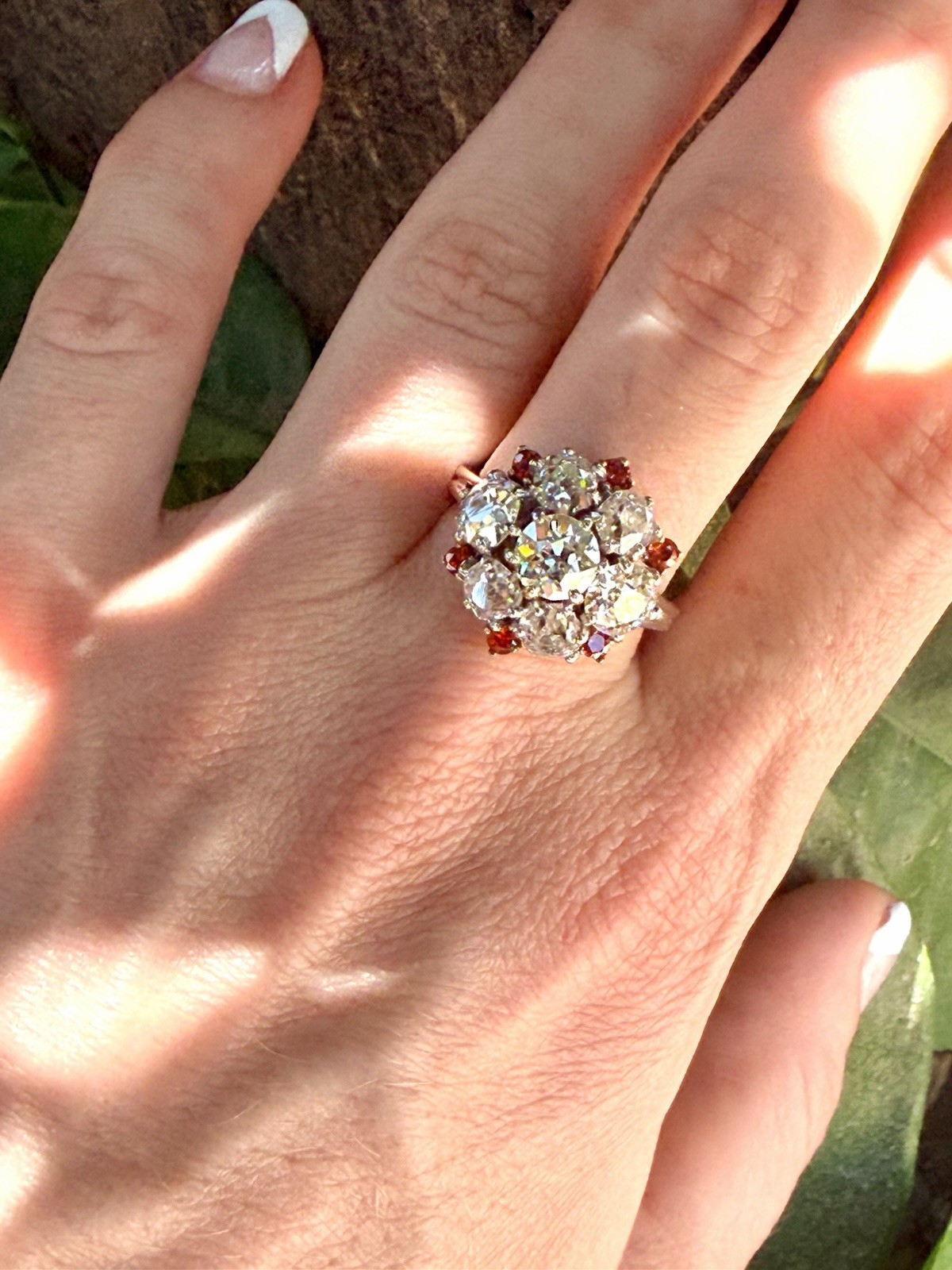 Rare Edwardian 4.43ct Old European Mine Cut Diamond Orange Sapphire Cluster Ring