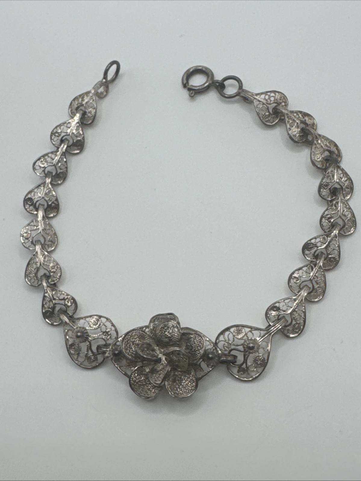 ANTIQUE FILIGREE FLOWERS AND HEARTS STERLING SILVER BRACELET