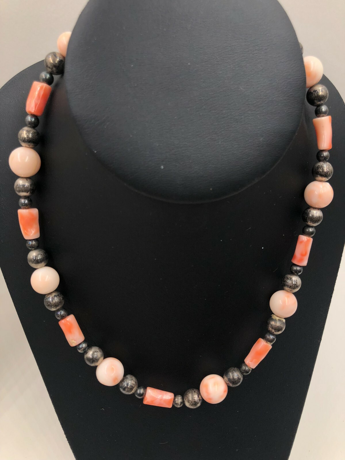 VINTAGE ANTIQUE GENUINE NATURAL SALMON CORAL STERLING SILVER SIGNED NECKLACE