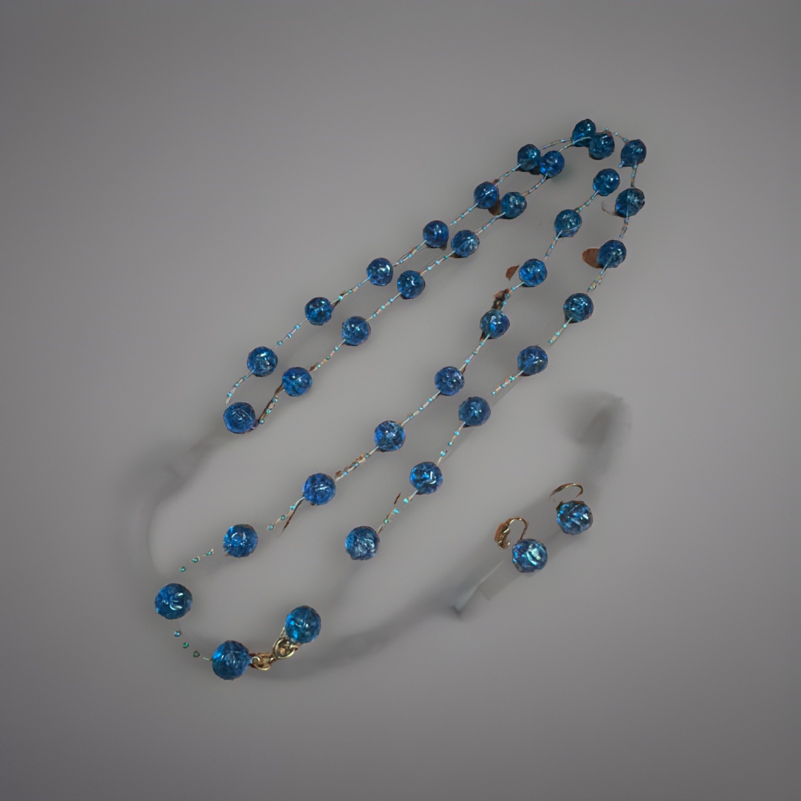 Antique Art Deco Blue Moulded Crackle Bead Satoir Necklace earrings Set Vintage
