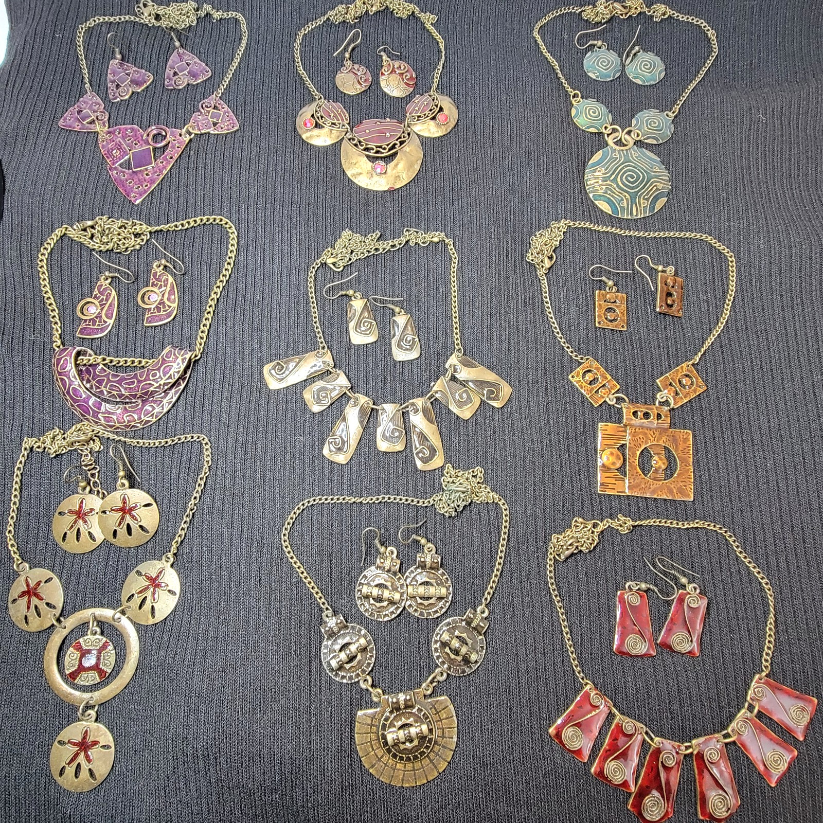 Choice of 18 VTG Modernist Brass Enamel Necklace Earring Sets BULK DISCOUNT 20%
