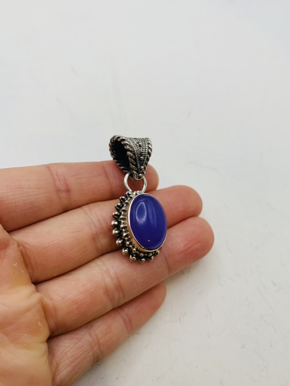 Vintage Sterling Silver Bohemian Purple Blue Oval Dainty Natural Stone Pendant
