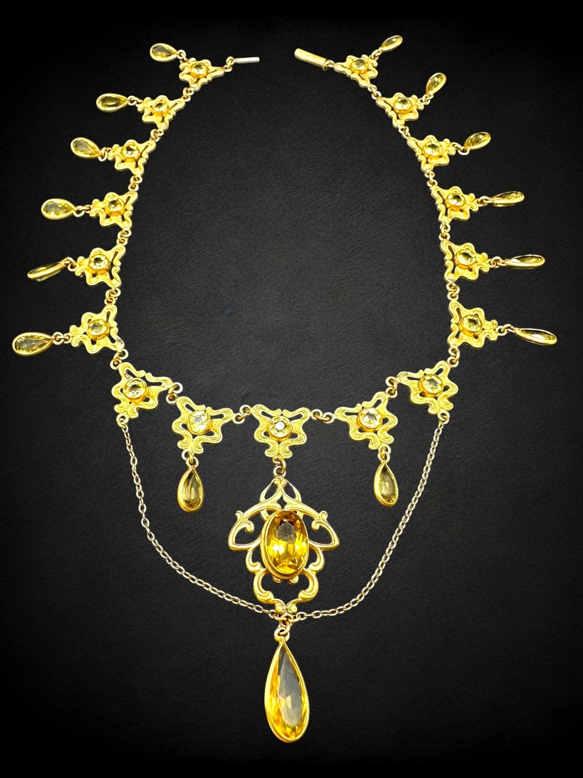 Antique Art Nouveau Goldtone Citrine Glass Festoon Choker Pendant Necklace