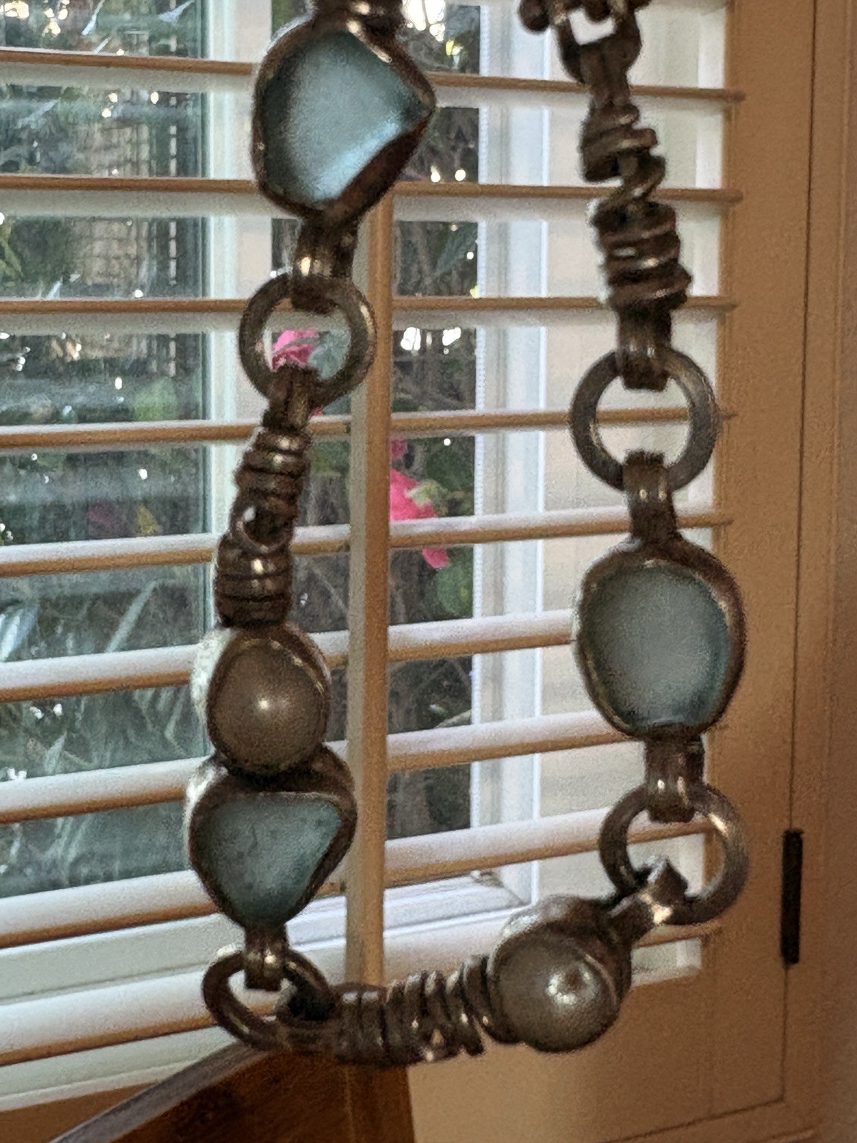 VTG 925 Sterling Silver, Blue Seaglass And Pearl Bracelet 7.5 Handmade 22 Grams