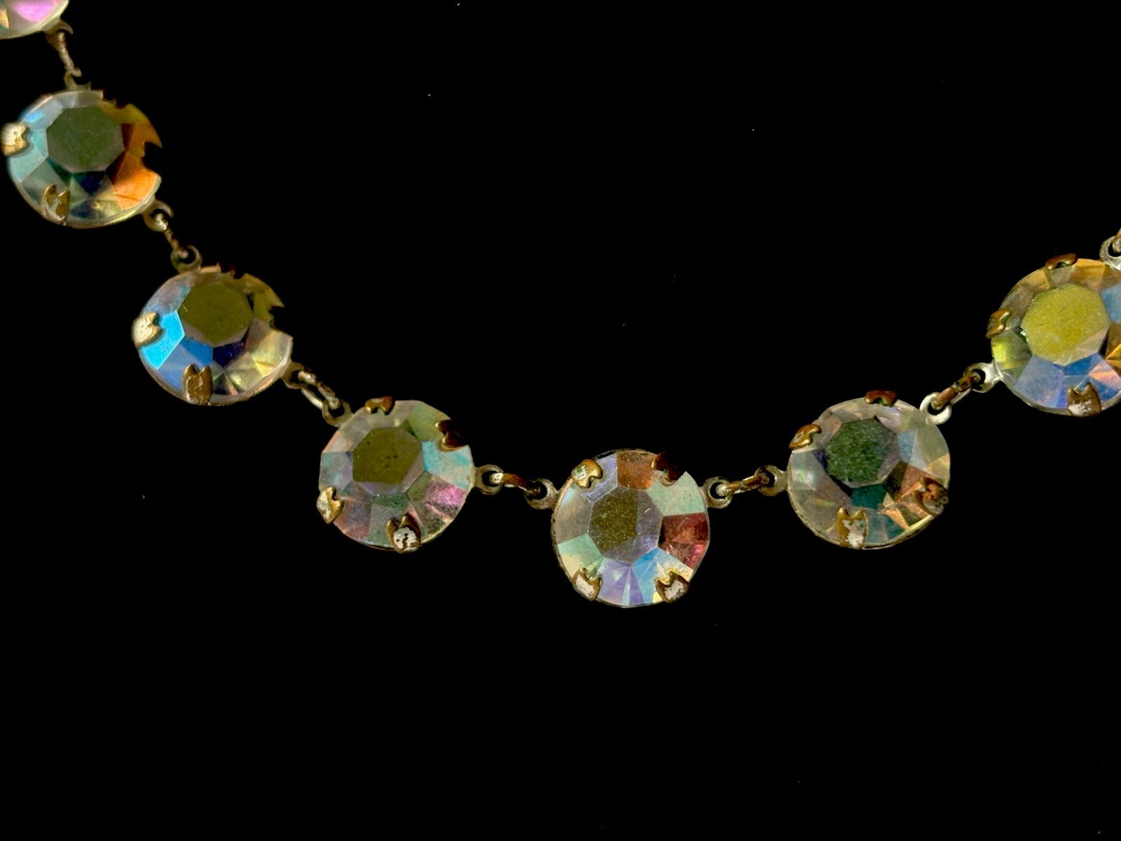 Antique Art Deco Clear Aurora Borealis Crystal Prong Set 15 1/2 inch Necklace