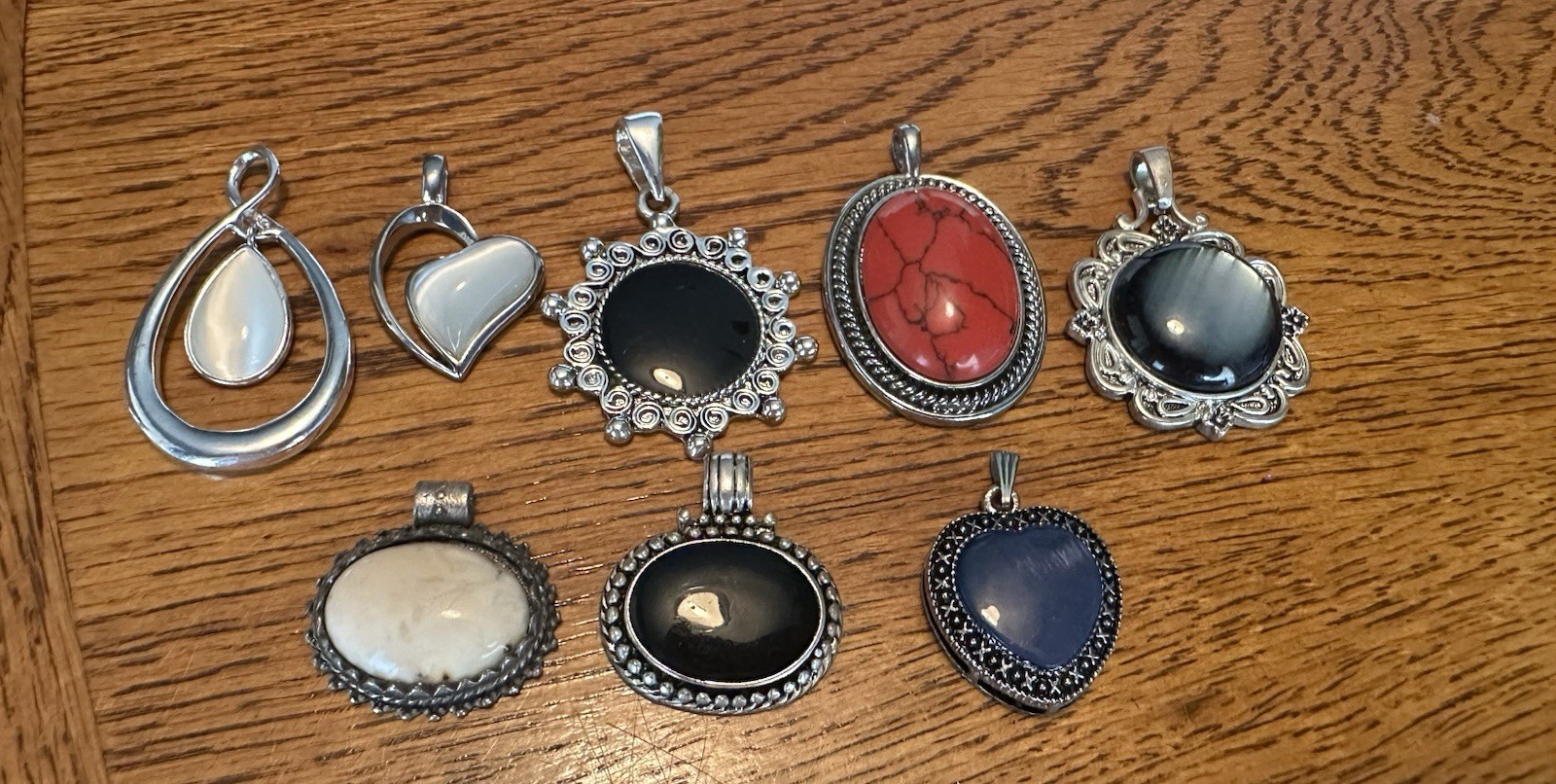 Lot of 8 Vintage to Modern Pendants Black Red Blue Stones Oval Heart Round