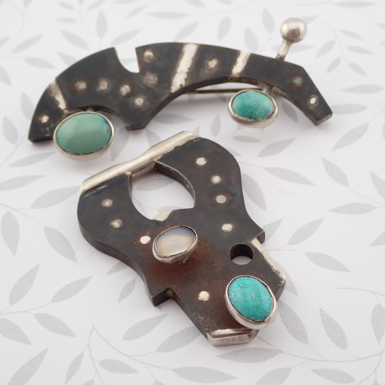 VTG Abstract Modern Sterling Silver Mixed Metal Turquoise Quartz Pin Pendant Set