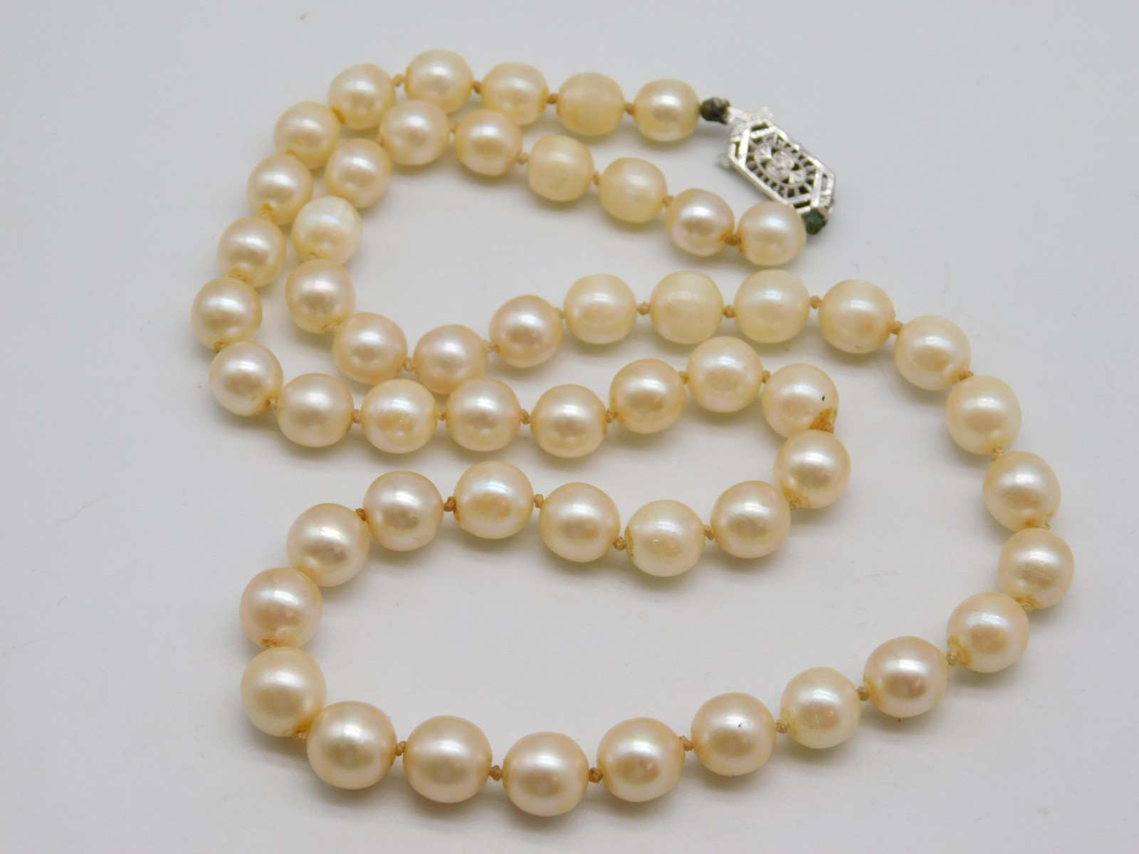 SWEET ART DECO 14K GOLD PEARL BEADED FILIGREE CLASP NECKLACE 18 3/4 L
