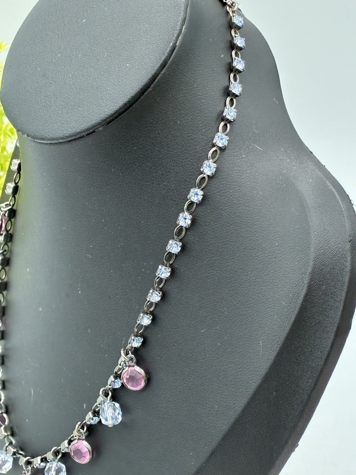 Vintage Rhinestone Chain Necklace Pink Clear Crystal Drops Gunmetal 16”