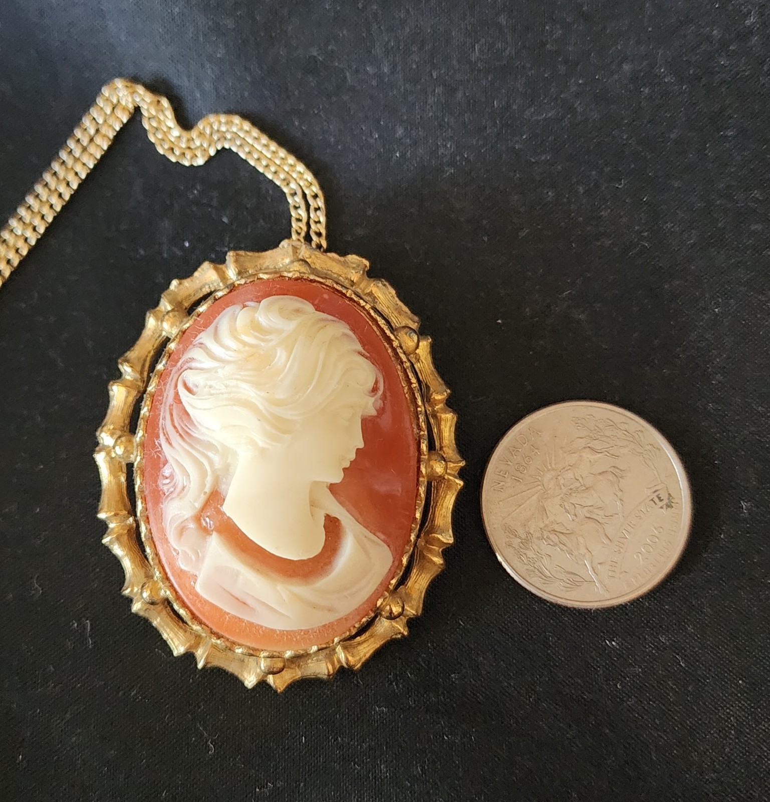 Vintage Salmon Color Lady Head Cameo Necklace Pendant Brooch Pin Beautiful NOS