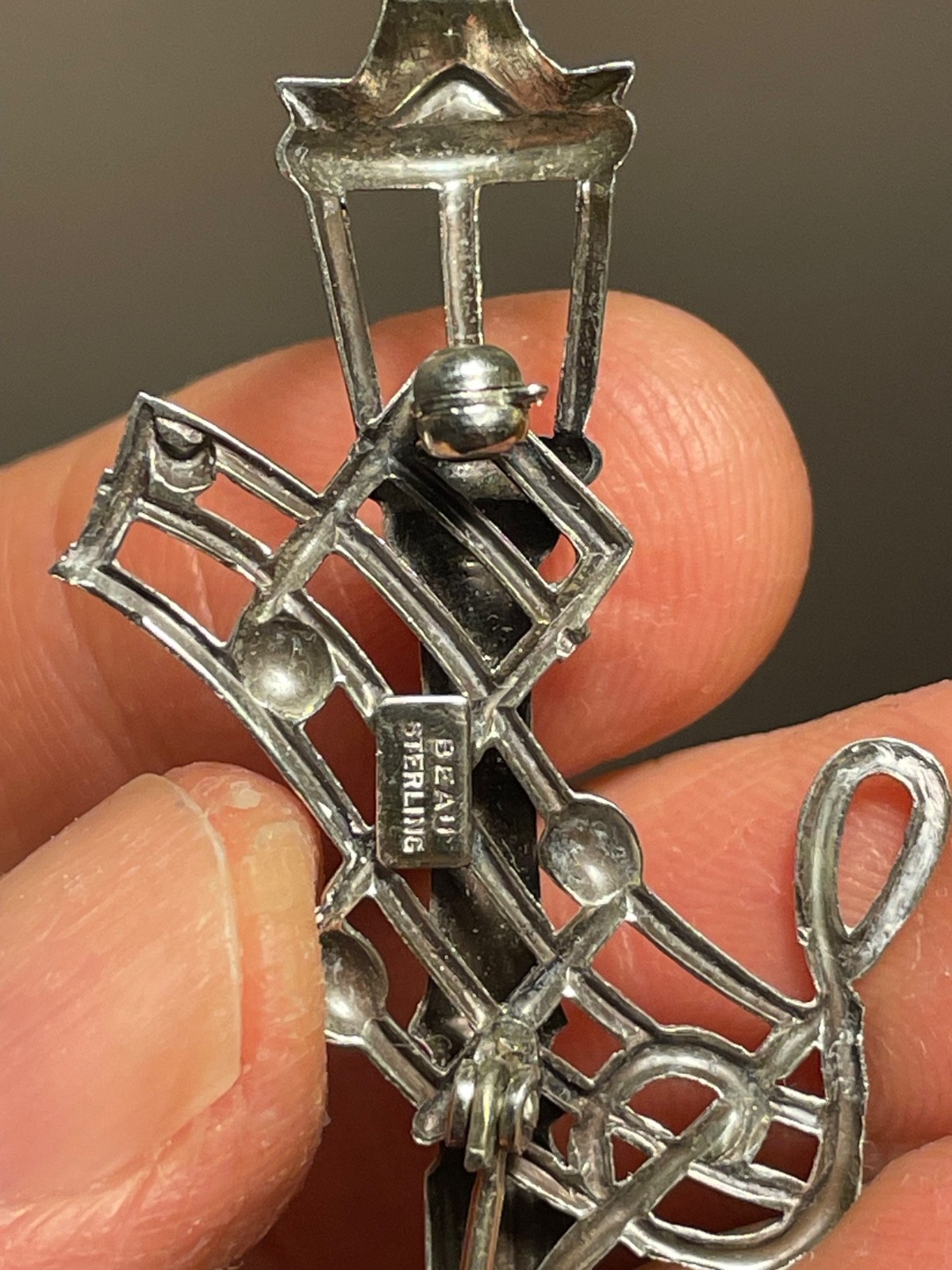 Vintage 1950’s Beau Sterling Lamp Post Intertwined w/Musical Notes Brooch