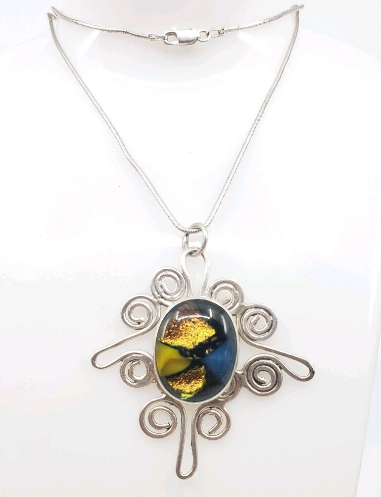 Fine Vintage Sterling Silver Foil Art Glass Abstract Modernist Necklace Murano?