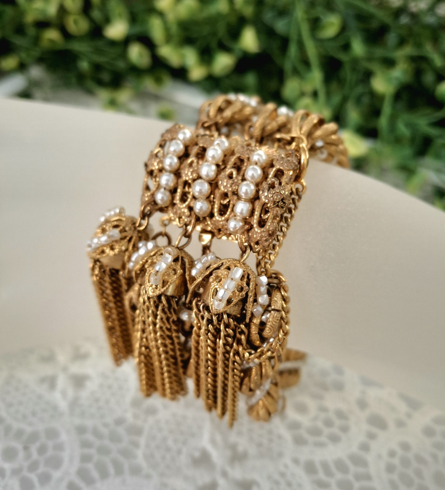 Frilly Miriam Haskell Russian Gold Chain & Seed Pearl Tassel Bracelet
