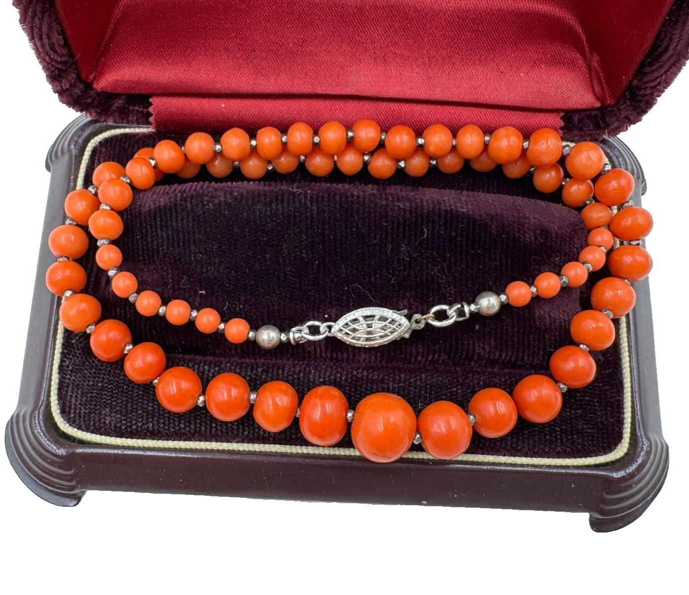 ANTIQUE OLD VICTORIAN NATURAL GENUINE CORAL NECKLACE 1 STRAND CHOKER STERLING SL