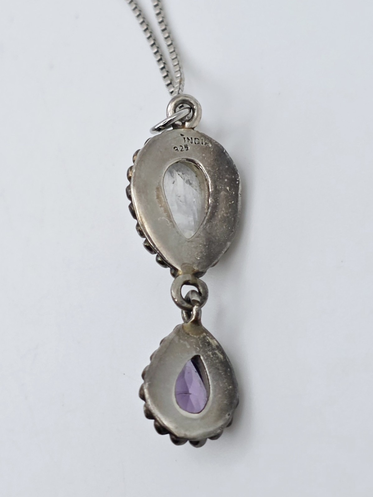 Vintage 925 Sterling Silver Moonstone Amethyst Teardrop Pendant Necklace 18″