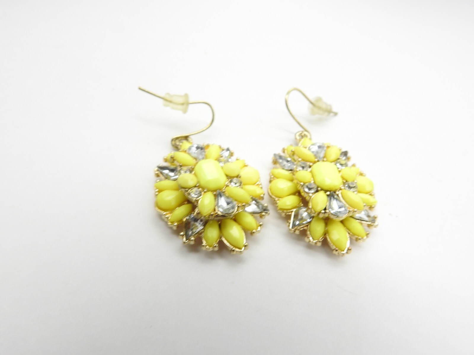 Yellow Acrylic Clear Glass Rhinestone Gold Tone Spray Pierced Earrings Vintage