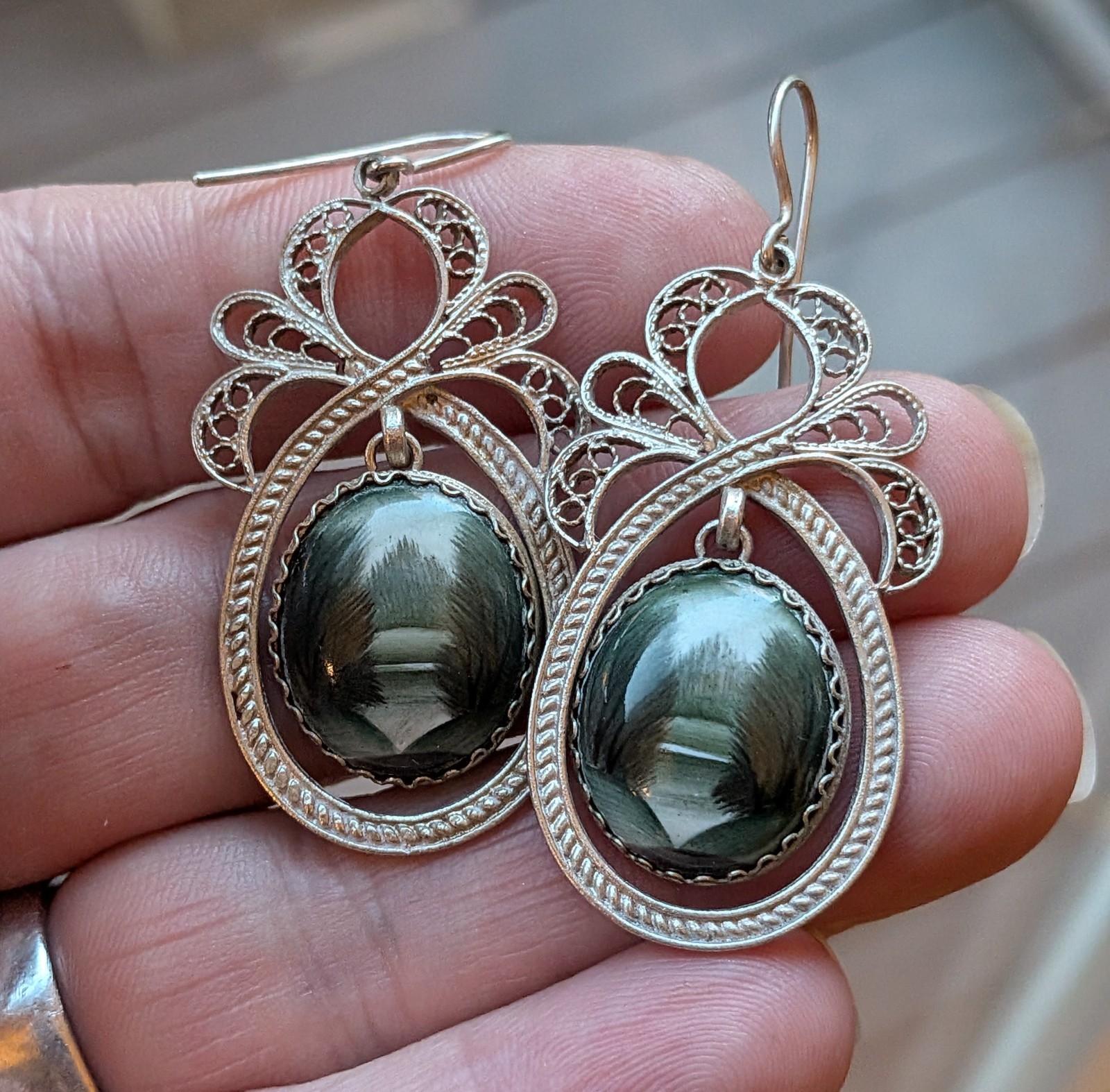 Vintage Russian hand-painted Landscape Rostov finift Enamel Filigree Earrings