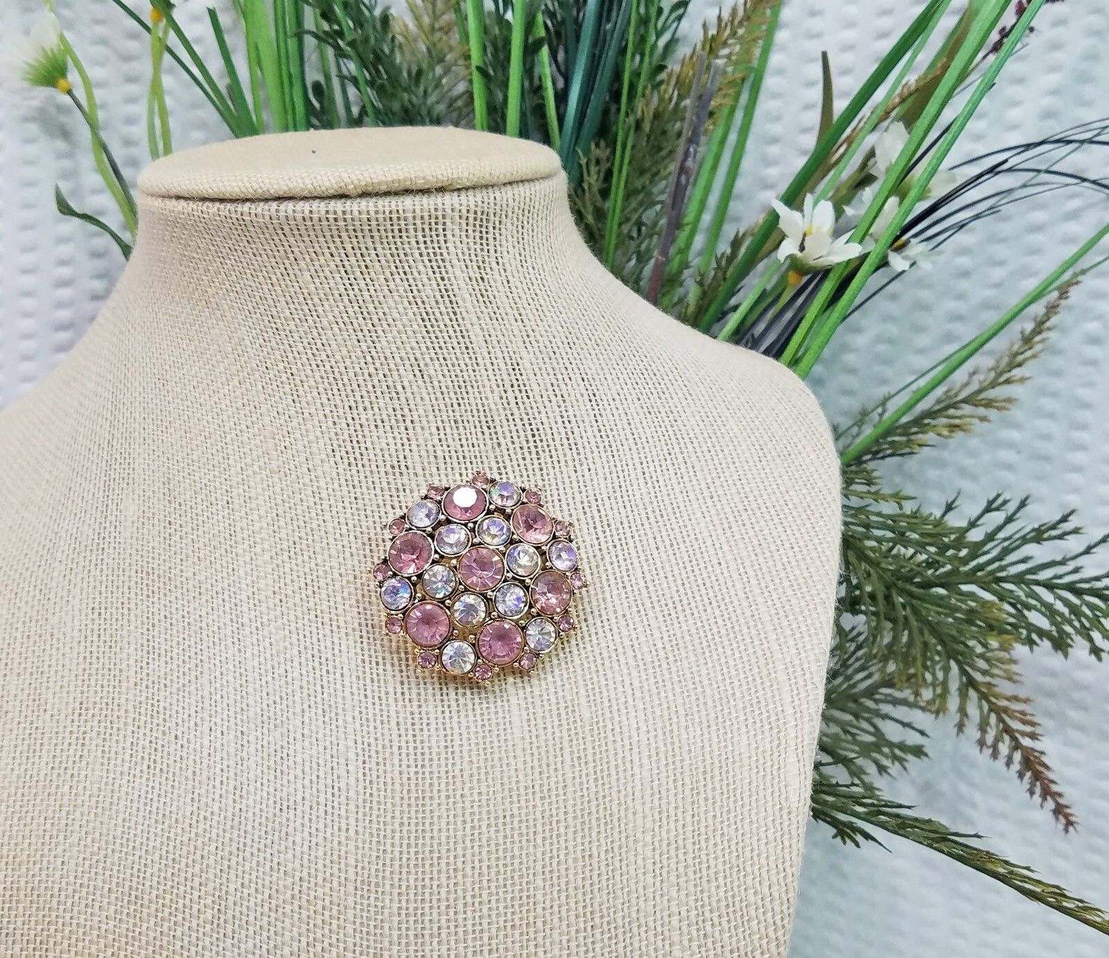 Vintage Domed Muted Pink and Clear Crystal Gold Tone Cluster Brooch Pin