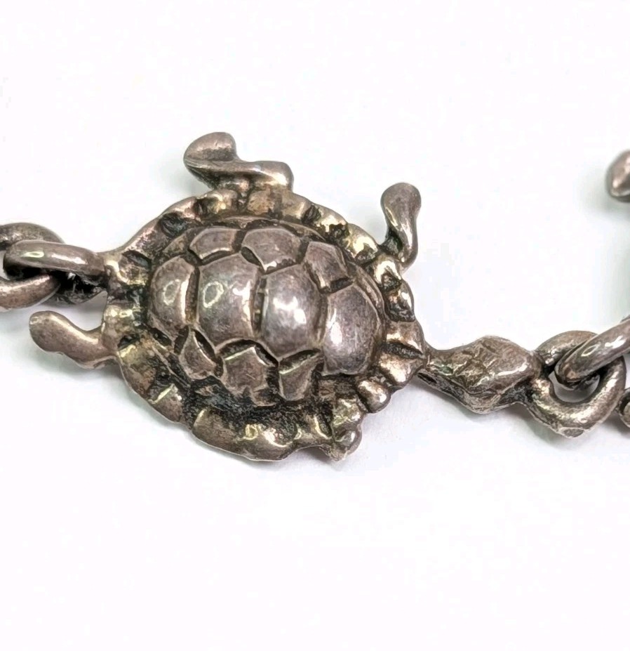 Turtles In A Row Bracelet Sterling Silver 7.75″ Turtle Link Tortoise Gift 11gram