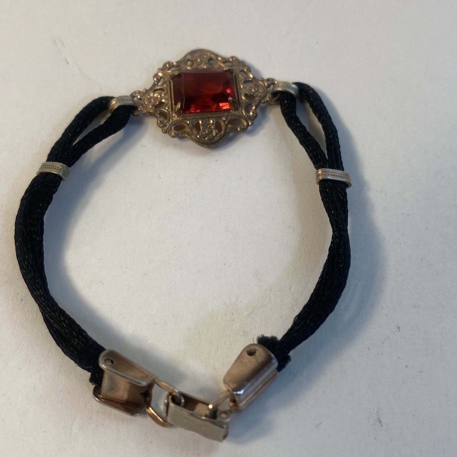 Vintage Bracelet Black Cord W/Gold Tone & Red Stone Small