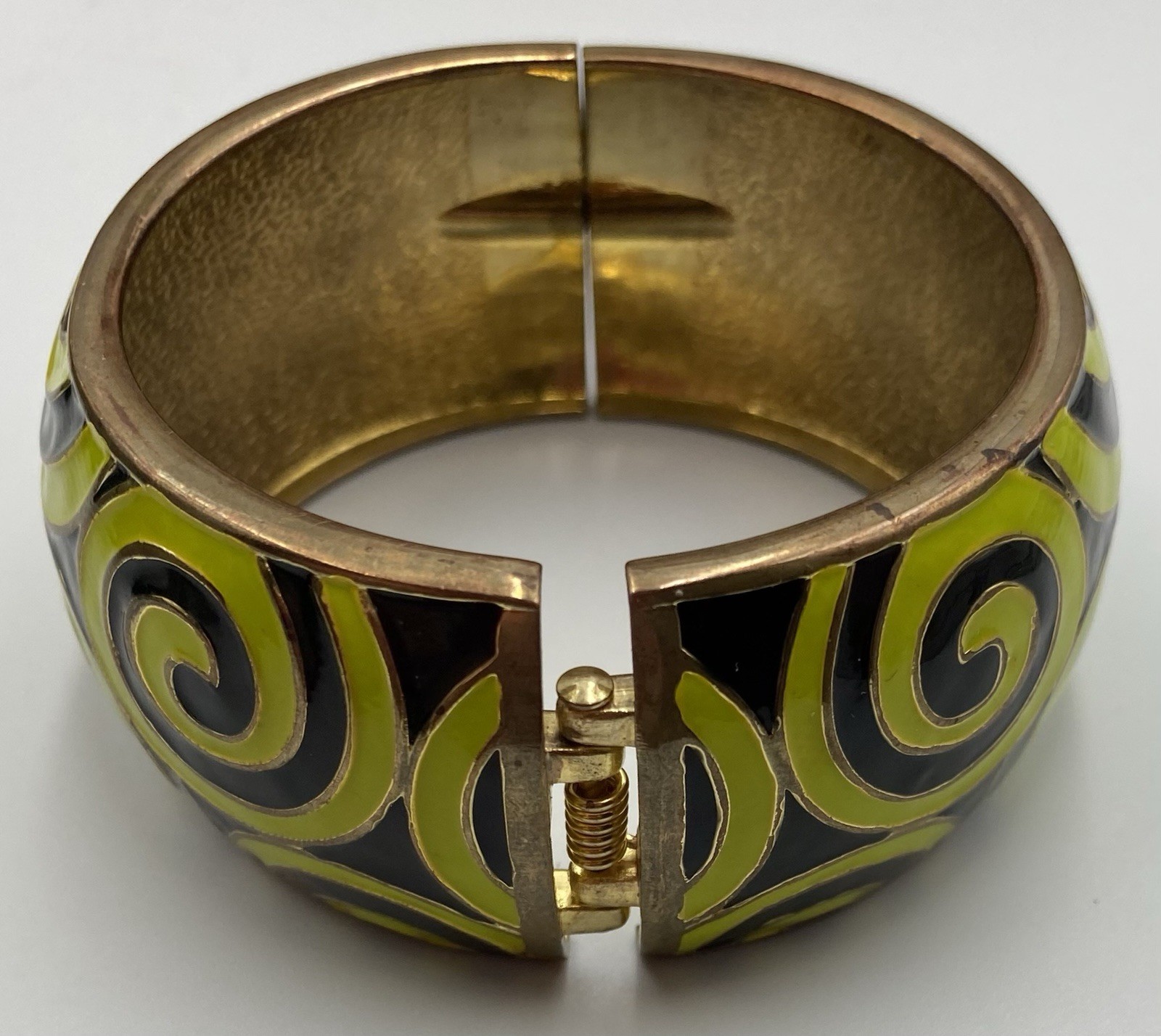 Clamper Bangle Bracelet Lime Green Enamel Swirls Chunky