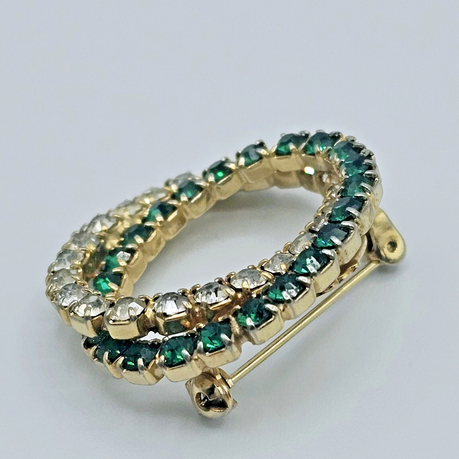 Emerald Green Brooch Vintage Open Double Oval Crystal May Statement Jewelry Pin