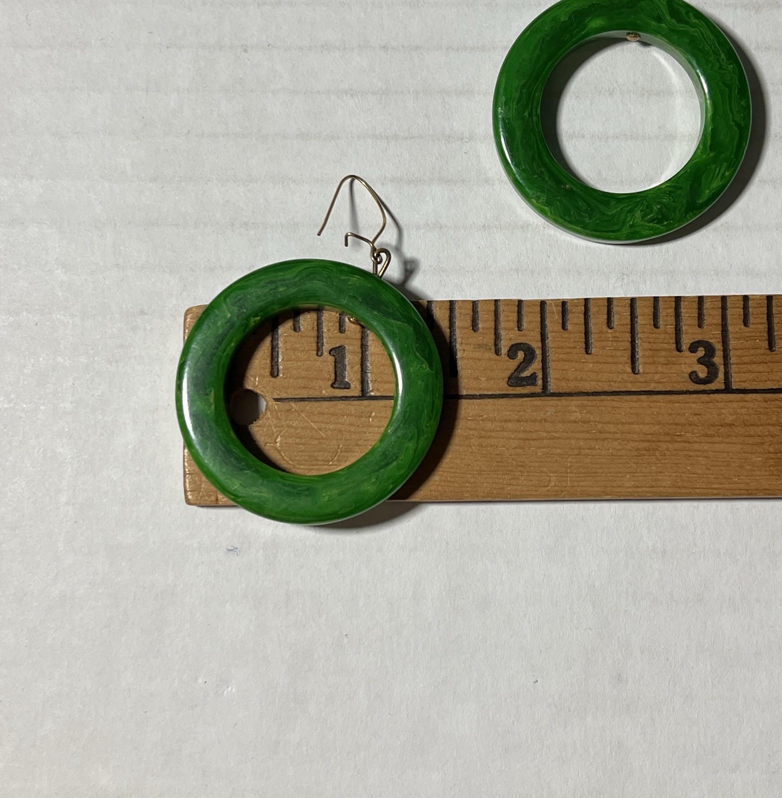 Vintage Green Bakelite Pierced Hoop Dangle Drop Earrings Marbled