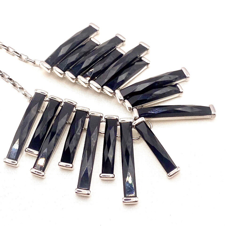 Vtg WHBM Silvertone Necklace Choker Bib Black Steam Punk Boho Gothic Retro G