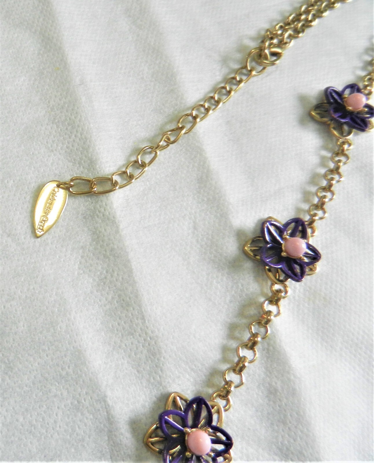 Coldwater Creek Purple Filigree Flower Station Necklace Gold Tone