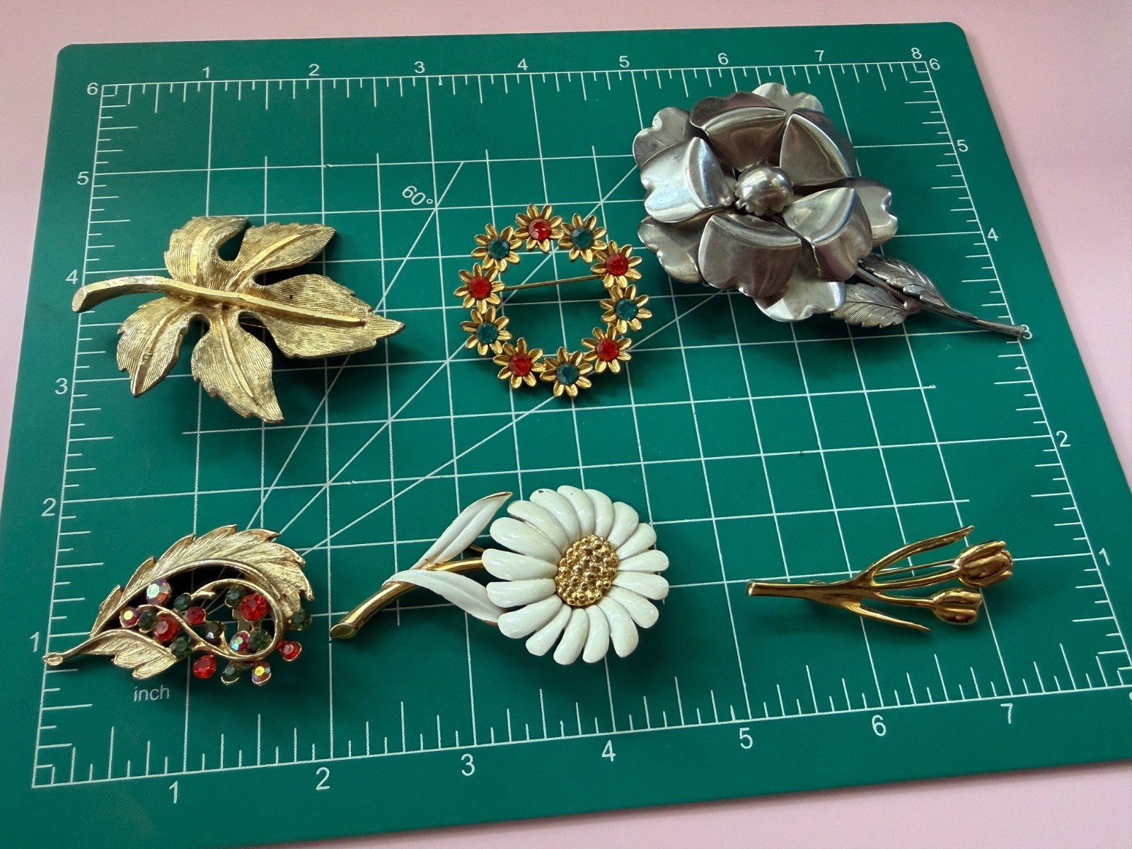 Vintage Brooch Lot Gold Silver Tone Floral Leaf Rhinestone 50s 60s 80s