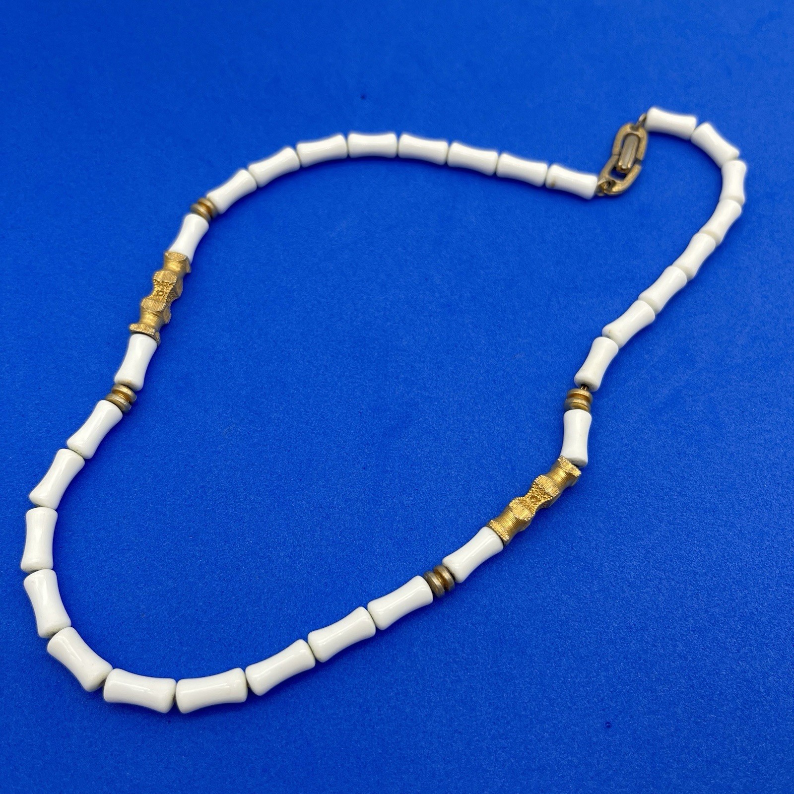 Vintage White Egyptian Revival Necklace Bamboo Beads 15″
