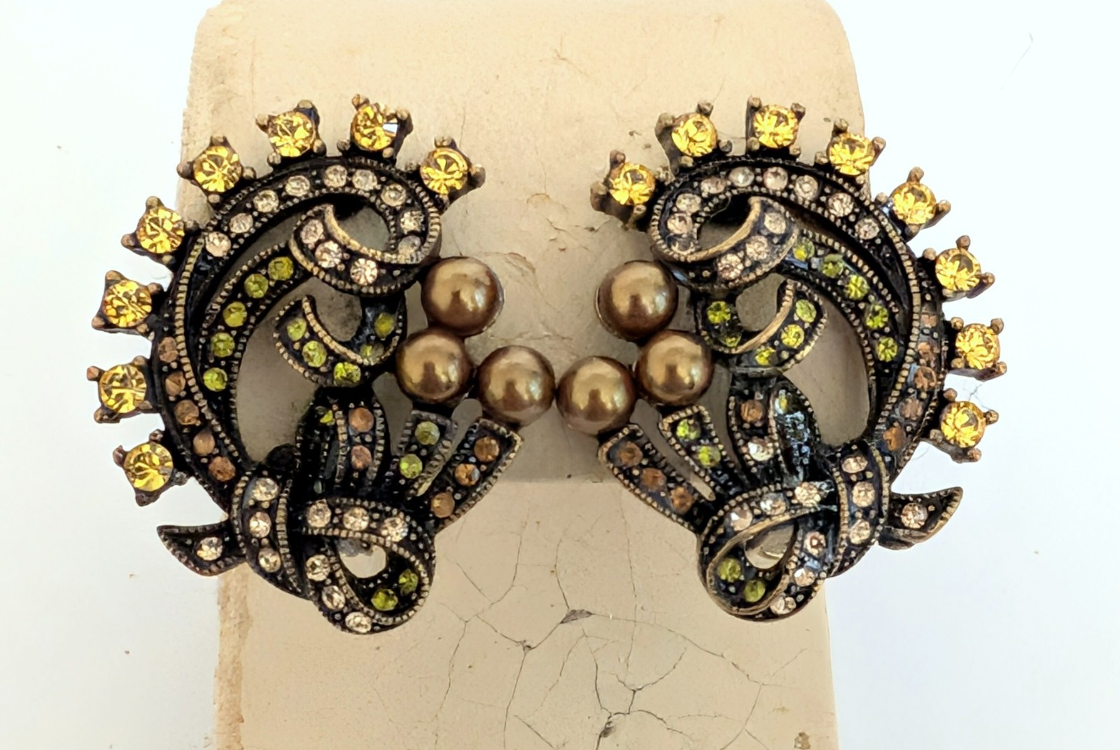 Vintage 80’s Fall Colors Rhinestone Faux Pearl Spiral Clip Earrings