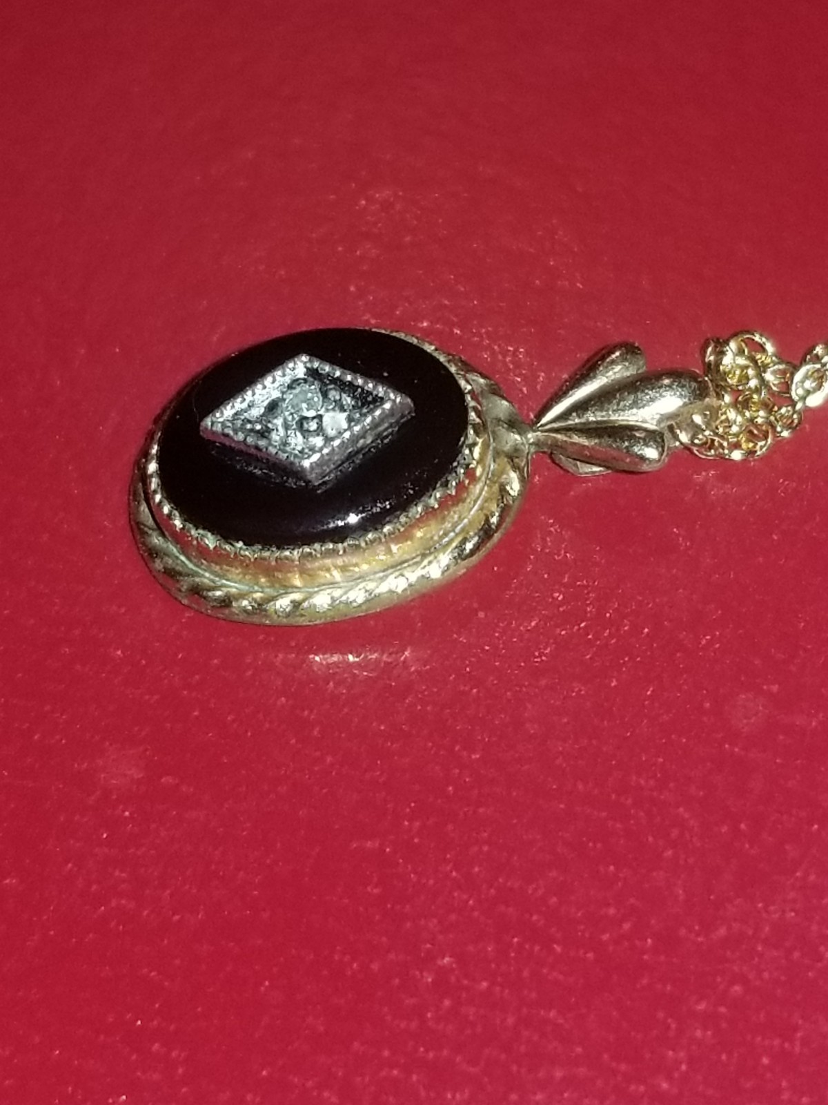 Antique Victorian Onyx And Diamond? Mourning 14k Gold Filled Pendant Necklace