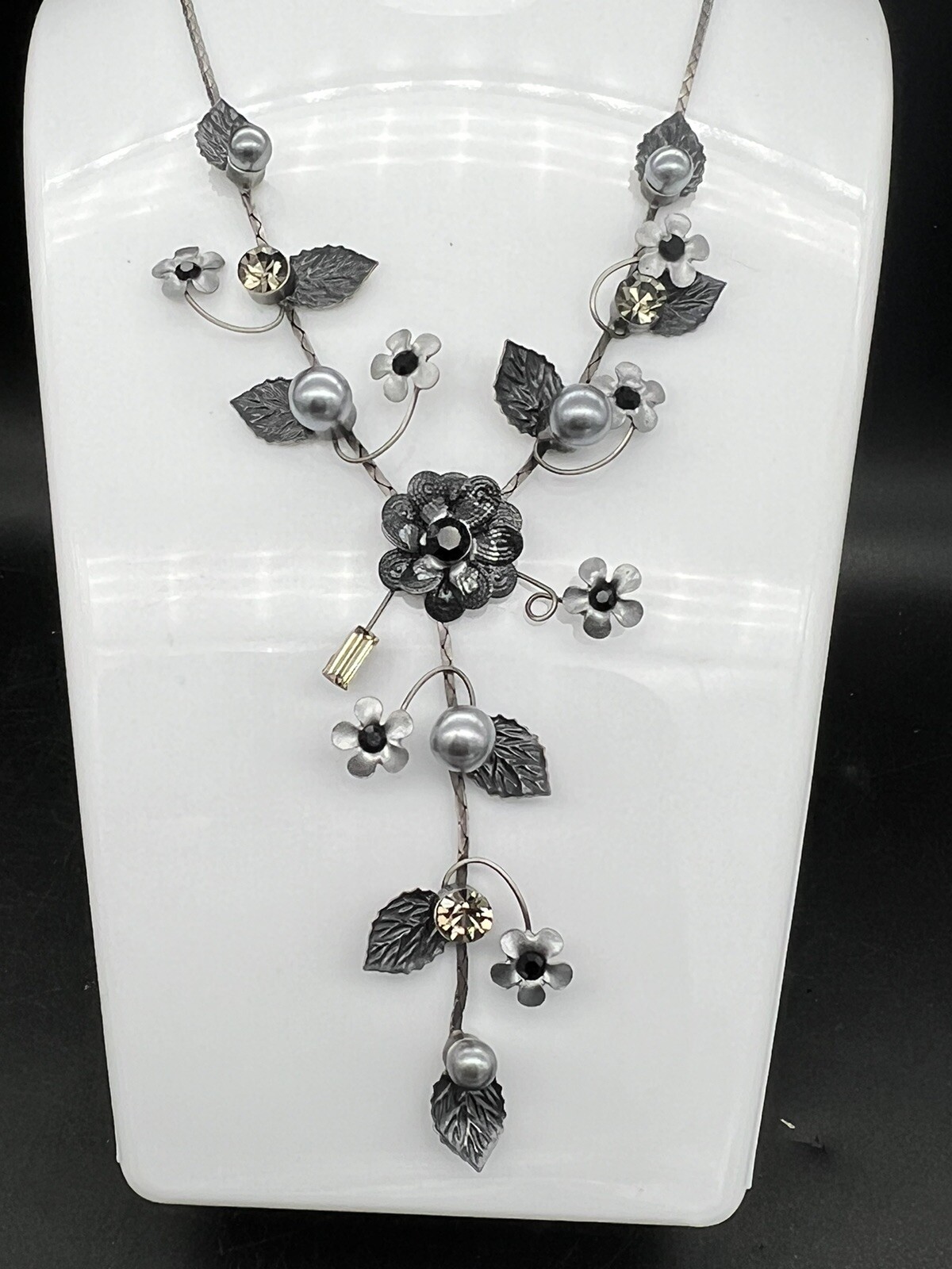 Vintage Sterling Silver, Faux Gray Pearl And Crystal Necklace, Black Flowers