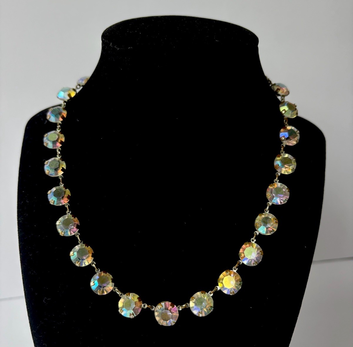 Antique Art Deco Clear Aurora Borealis Crystal Prong Set 15 1/2 inch Necklace