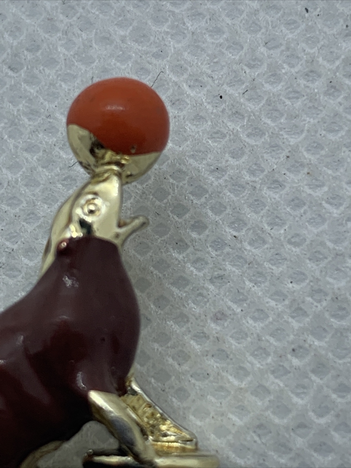 Vintage Mid Century Gold Tone Enamel Circus Seal with Ball Brooch Pin about 1″