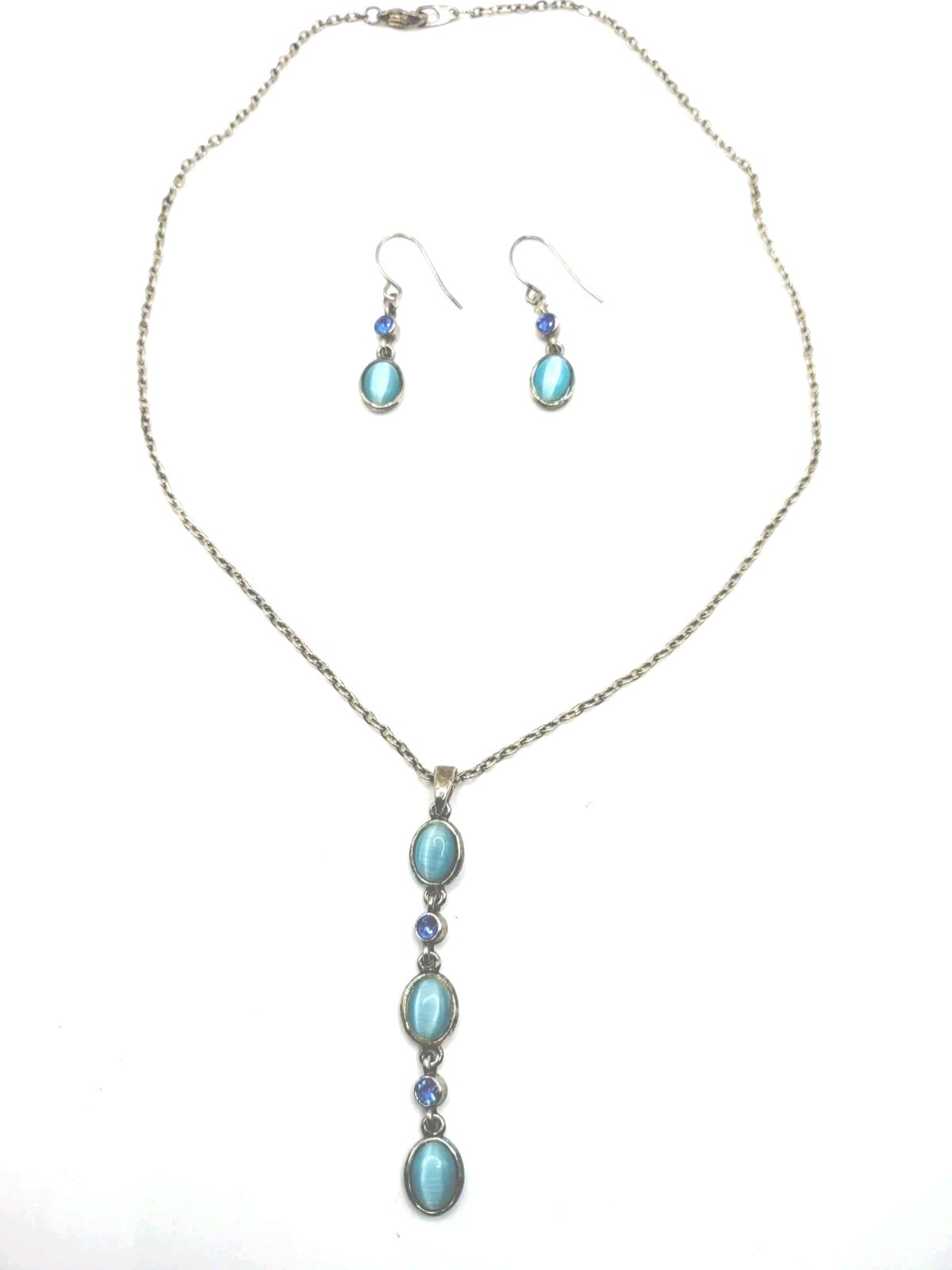 Silver Tone Necklace pierced Earrings blue Iridescent Stones Fashion Jewelry