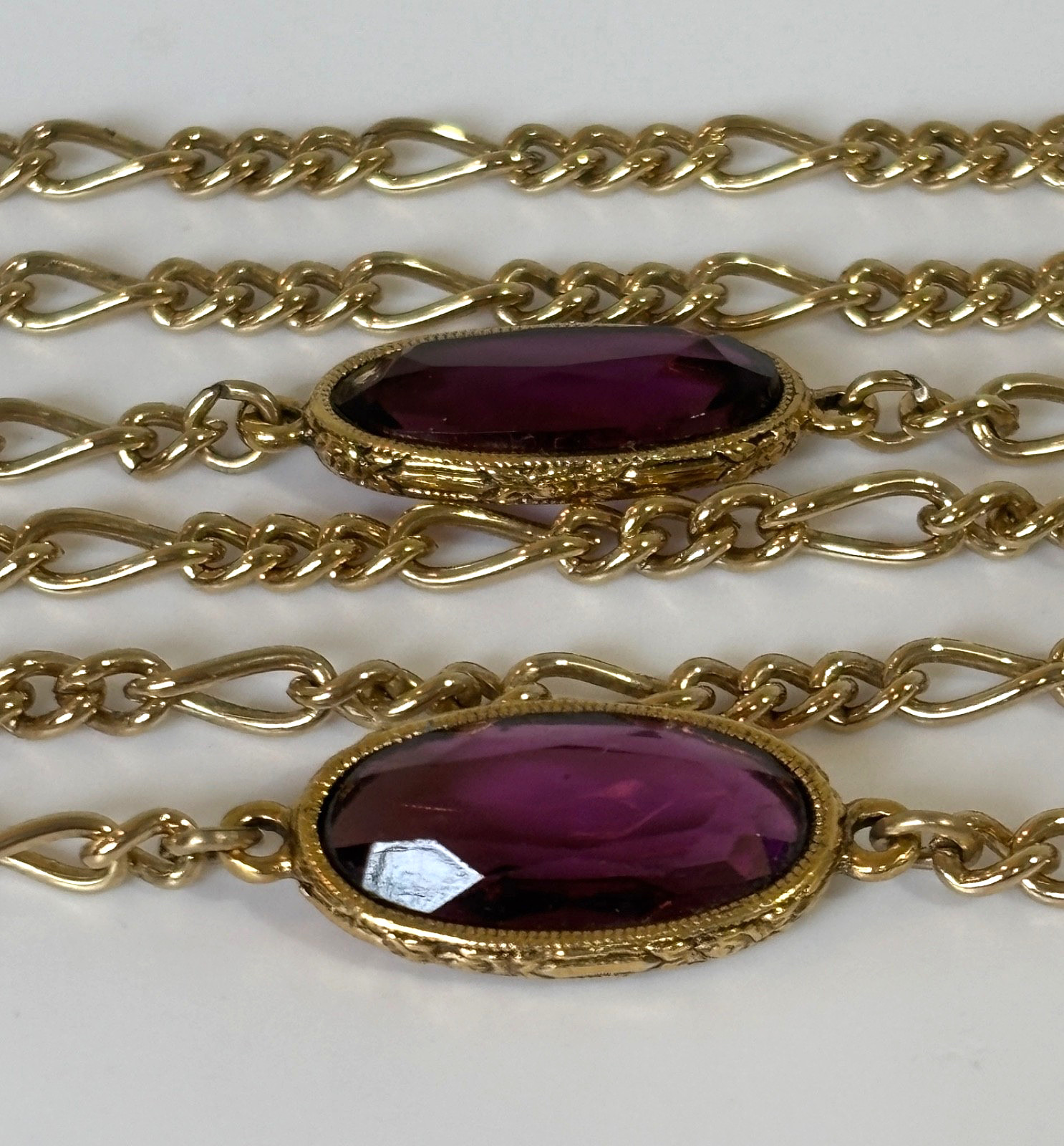 1928 Brand Amethyst Purple Crystal Bezel Necklace Goldtone Figaro Link Chain 44″