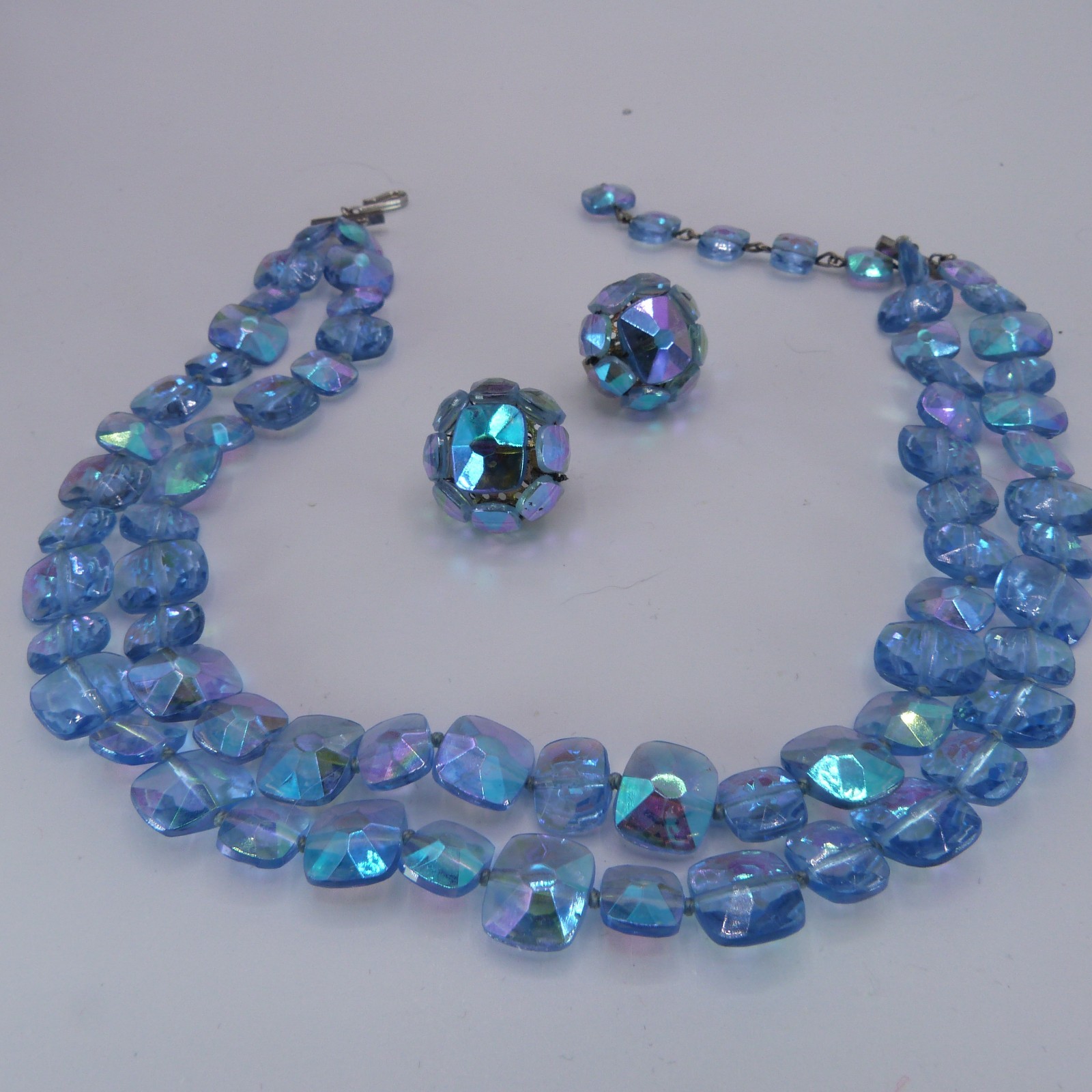 Vintage Signed Vogue Double Strand Blue AB Crystal Necklace And Clip Earrings