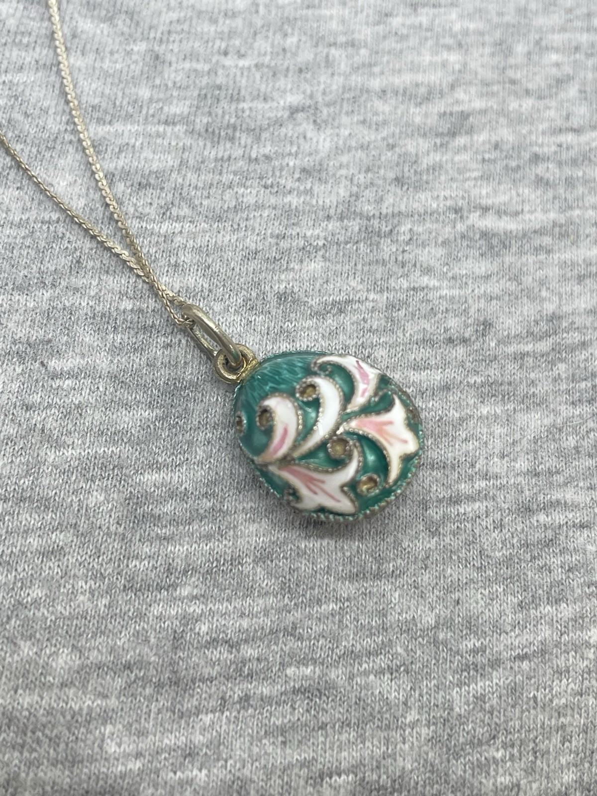 Vtg Sterling Silver 980 Cloisonne Lilies Enamel Russian Egg Pendant Chain