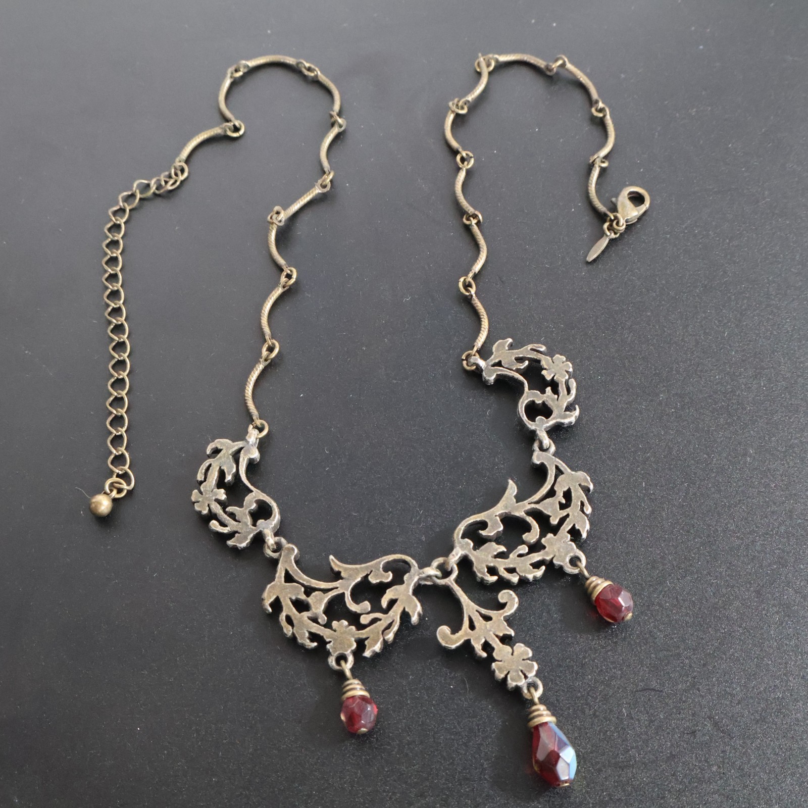 Vintage AVON Victorian Revival Floral Filigree Red AB Crystal Dangle Necklace