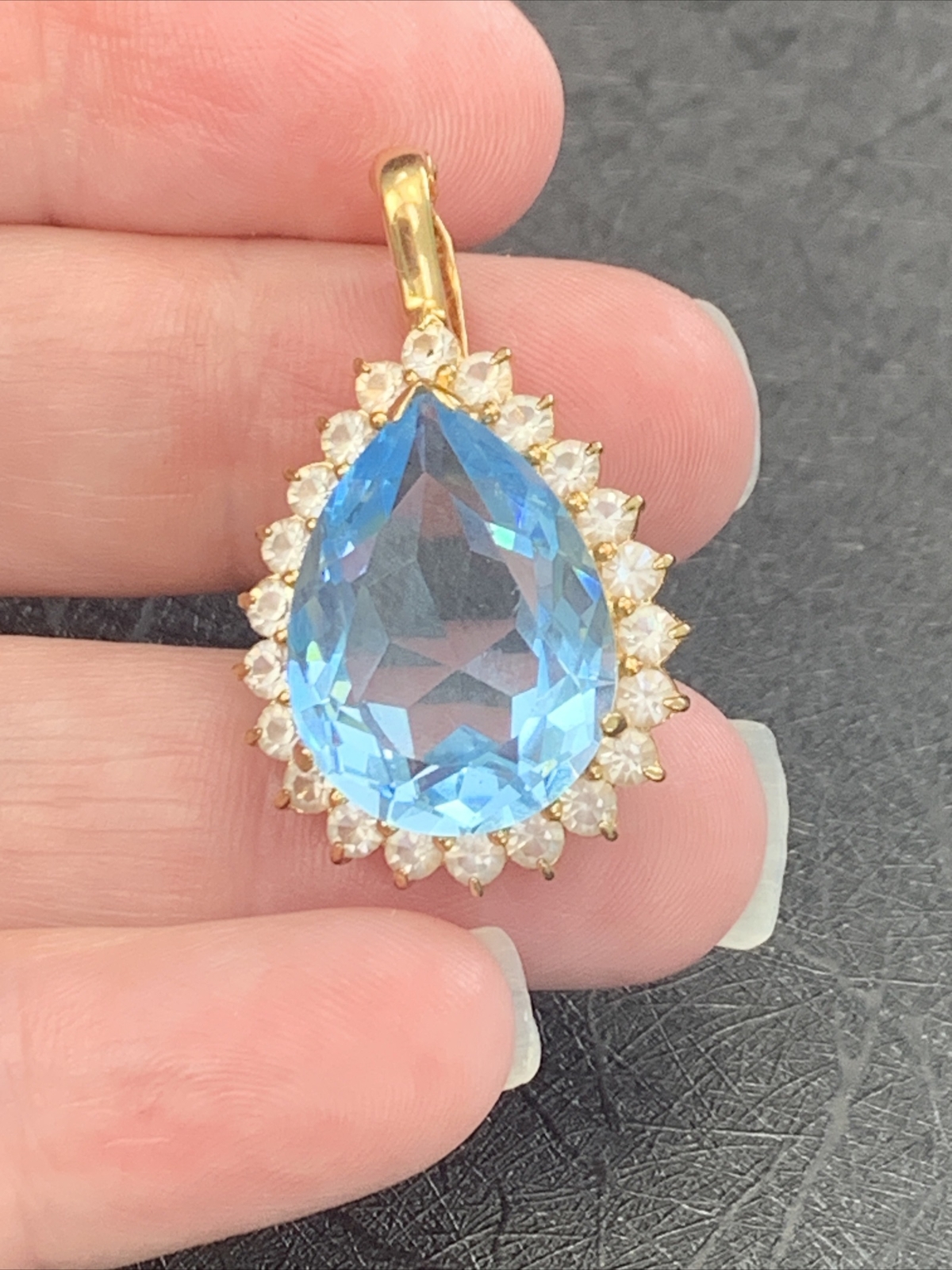 Vintage Quality large Faux blue topaz Clear stone Necklace Enhancer 1”