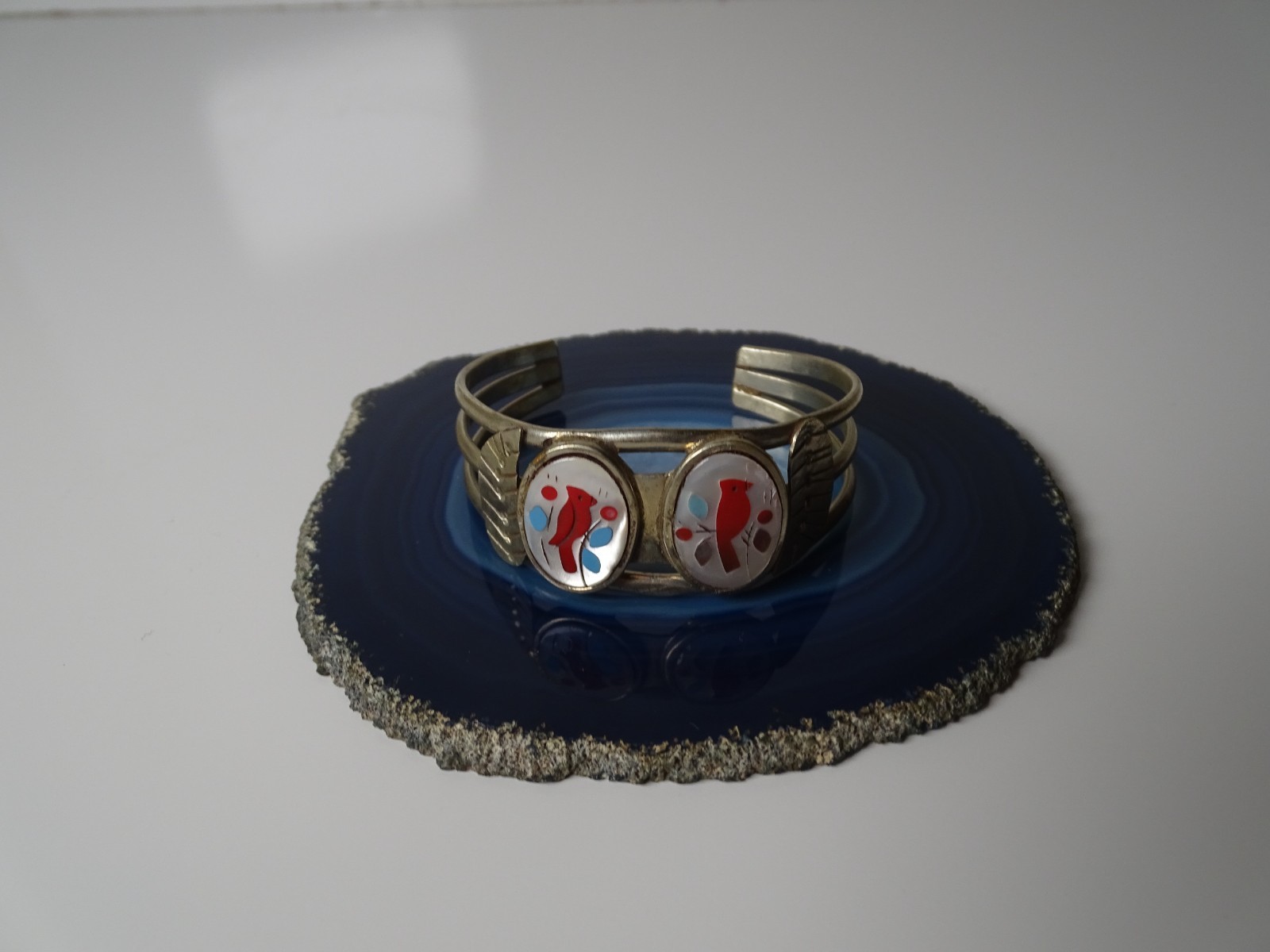 Vintage Mexican Alpaca Silver MOP Red Cardinal Bird Mosaic Cuff Bracelet 5.75