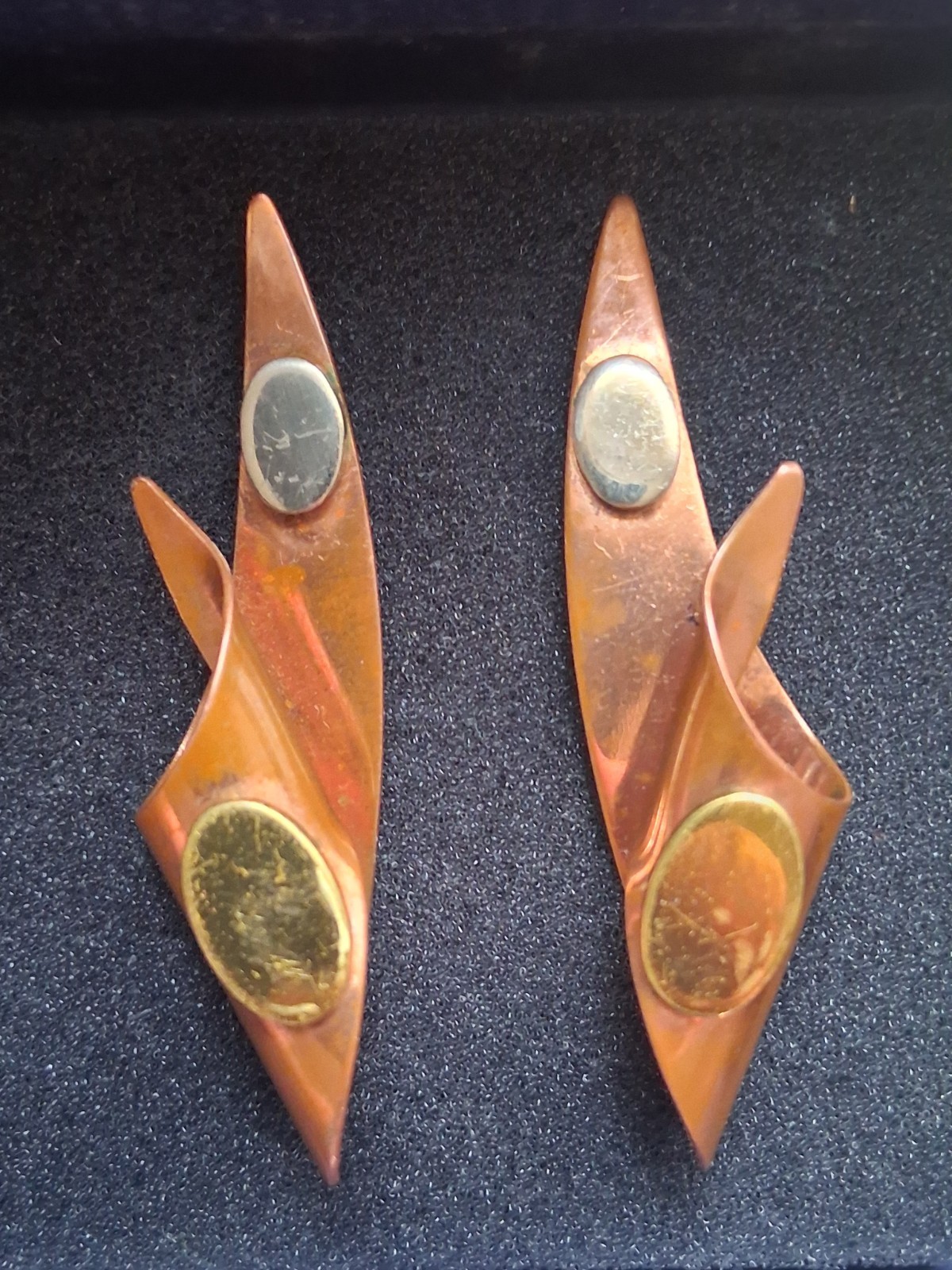 Mid century modern MCM copper abstract mixed metal large earrings
